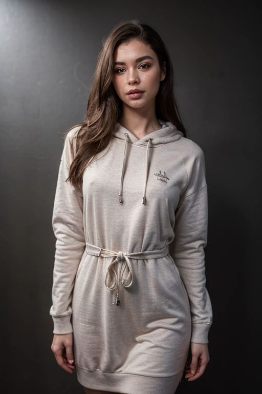 ((best quality)), ((masterpiece)), (detailed), perfect face realistic photo of beautiful woman with long dark brown hair, Russian, influencer, light freckles, dark brown eyes, big lips, no makeup, instagram, standing next to black wall, wearing sexy long winter hoodie dress