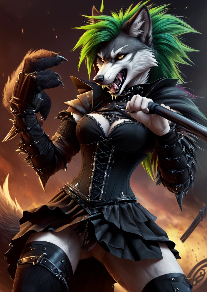 ((best quality, masterpiece, 4k, 8k, high res)), ((Solo)), ((vicious, extremely violent, attacking, fighting)), ((furry; Anthro Wolf)), moist, green hair, attacking, ferocious, fangs, full body, female werewolf, sexy, vibrant colors, (edgy punk hairstyle), knight armor, well-toned abs, Victorian dress, goth corset