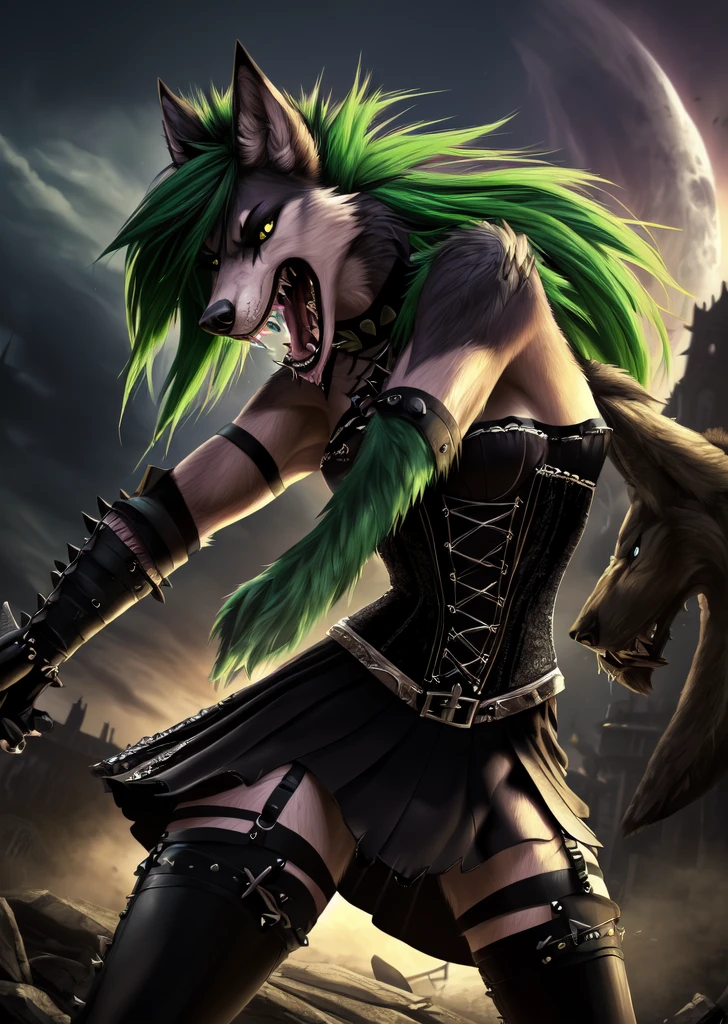 ((best quality, masterpiece, 4k, 8k, high res)), ((Solo)), ((vicious, extremely violent, attacking, fighting)), ((furry; Anthro Wolf)), moist, green hair, attacking, ferocious, fangs, full body, female werewolf, sexy, vibrant colors, (edgy punk hairstyle), knight armor, well-toned abs, Victorian dress, goth corset