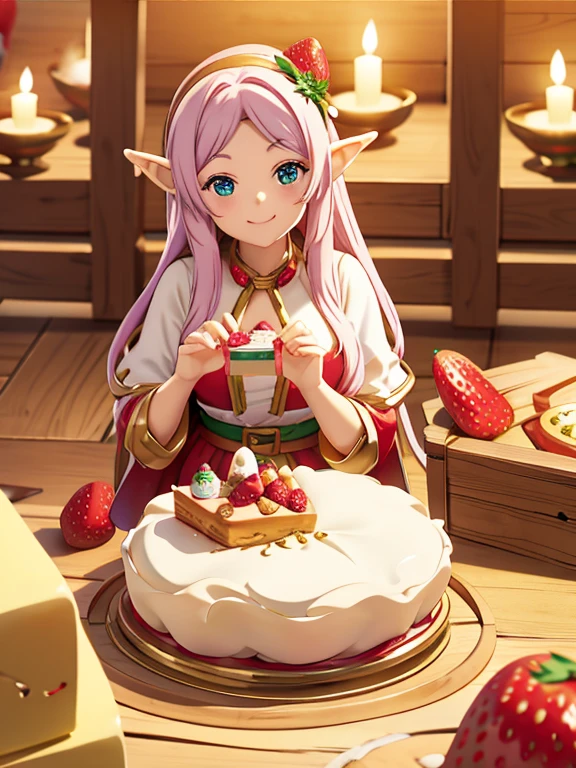 cute smiling elf、sit on a large pastry、Many treasures, treasure chests and sweets、Christmas cake、Strawberry cake、