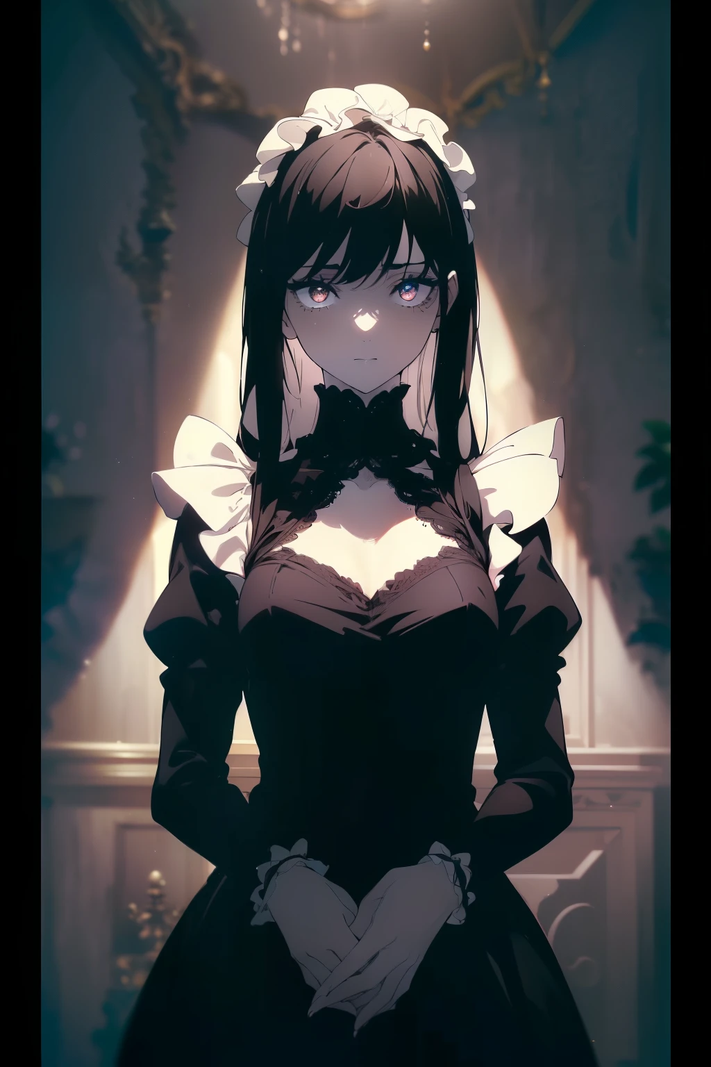 ((((Obra maestra, La mejor calidad, ultrahigh resolution)))), a shy girl, standing, ((wearing french maid outfit)), long hair cut, pale skin, ((dark black hair, blue tint)), (glowing_eyes, brown luminescent eyes), (ultra detailed eyes:0.7, beautiful and detailed face, detailed eyes:0.9), ((centered)), smile, ((wide shot)), facing viewer, (((surrounded by darkness, simple mansion interior background)), flat chested, looking at viewer, ((perfect hands)), ((head:1, hips, elbows, arms, in view)), ((hands behind back)), beautiful lighting, defined subject, (25 years old), ((cool looking)), Chi no Wadachi