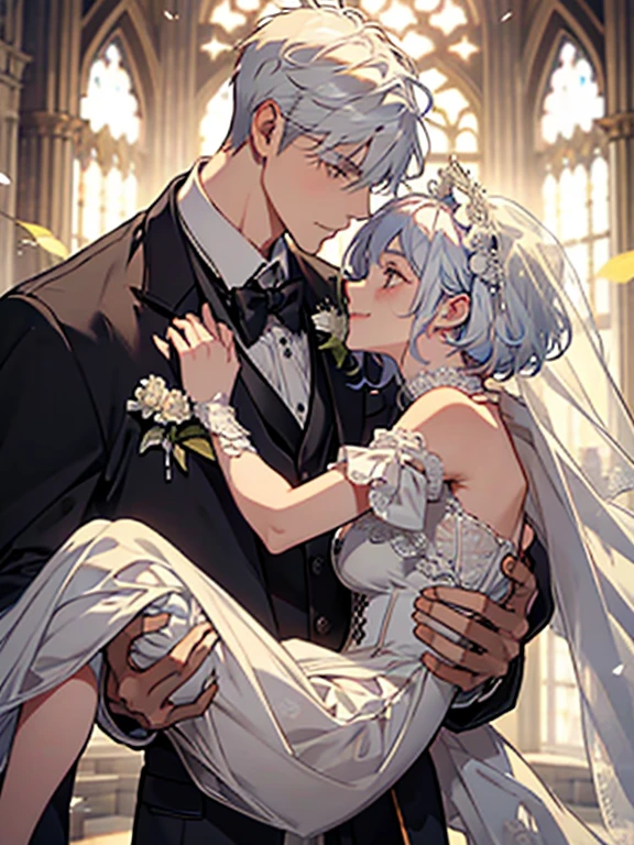 master piece,Best Quality,love between male and female couples、Dynamic Pose、girl with(White hair,short-hair、veils、bouquet、Smile,wedding dress,small tits),a handsome man(Orange hair,Boyish hairstyle,tailcoat,well-muscled,Firm shoulder width, cool expression,tall, 33yo)、vow kiss,Body disparity,Blissful、Flower shower,princess carry、blue-sky