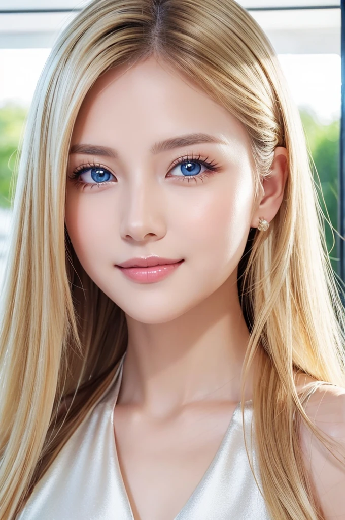 Beautiful silky skin、Smile in the middle、matchless beauty、exceptional sexy beauty、Beautiful calm and bright expression、Sexy refreshing appearance、Perfect beautiful cute face with shiny bright blonde silky hair、beautiful face blonde、Very cute beautiful sexy young little woman、Very perfect beautiful cute face、Beautiful cute big clear bright light blue eyes、Very beautiful bright light blue big eyes、very big eyes、Very bright white young beautiful skin、Gloss Face、Teak Gloss、cheek highlights