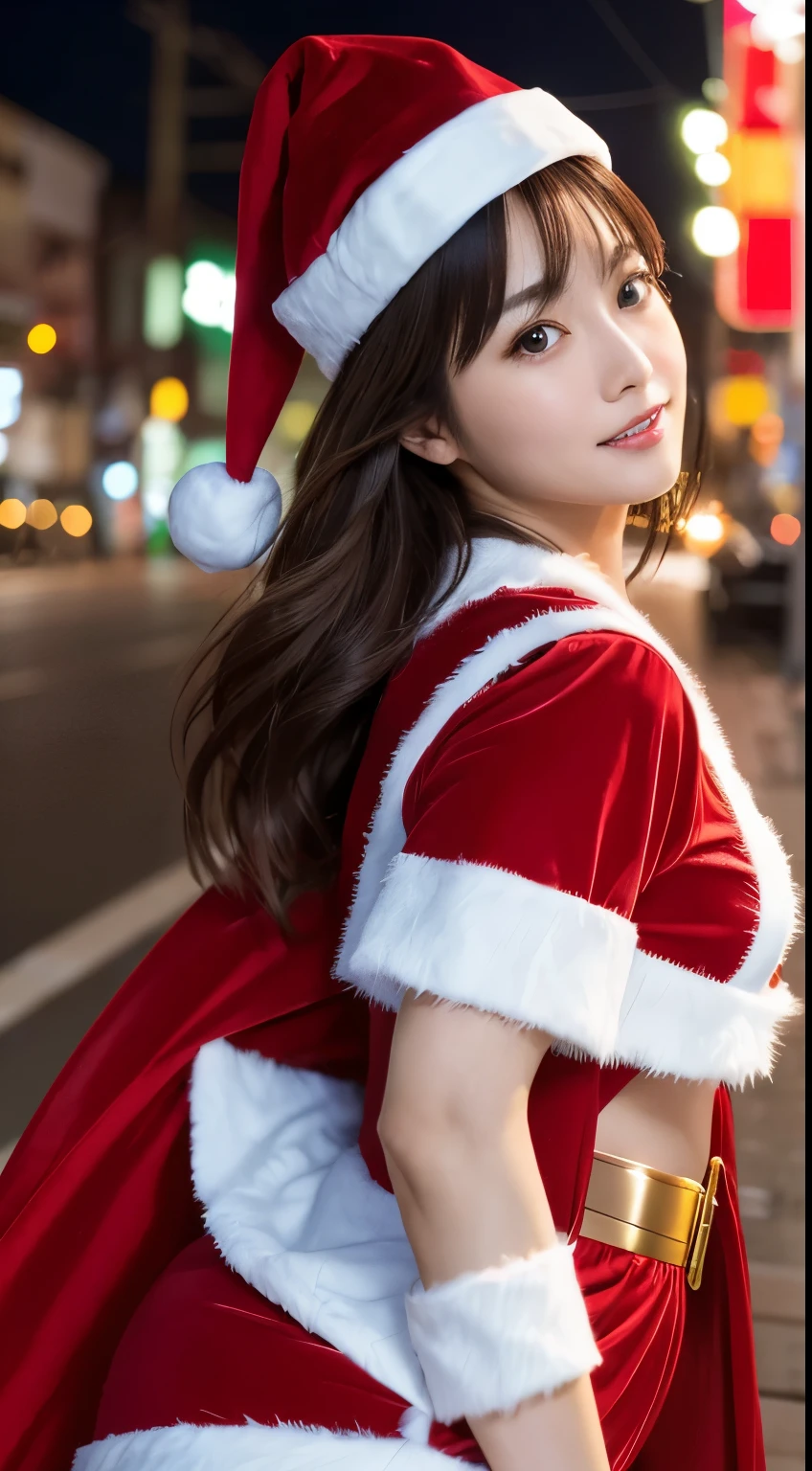 Best-quality, Masterpiece, Ultra-High-Resolution, (Photorealistic:1.4), Raw-Photo, Extremely-Details, Perfect-Anatomy, 1girl, 30-years-old, the most famous Japanese actress, (((wearing Santa-Craus's long-costume))), running on deserted street at midnight, extremely beautiful face like a most popular Japanese actress,. extremely beautiful big-black-solid-circle-eyes, detailed Santa-Craus's-long-costume