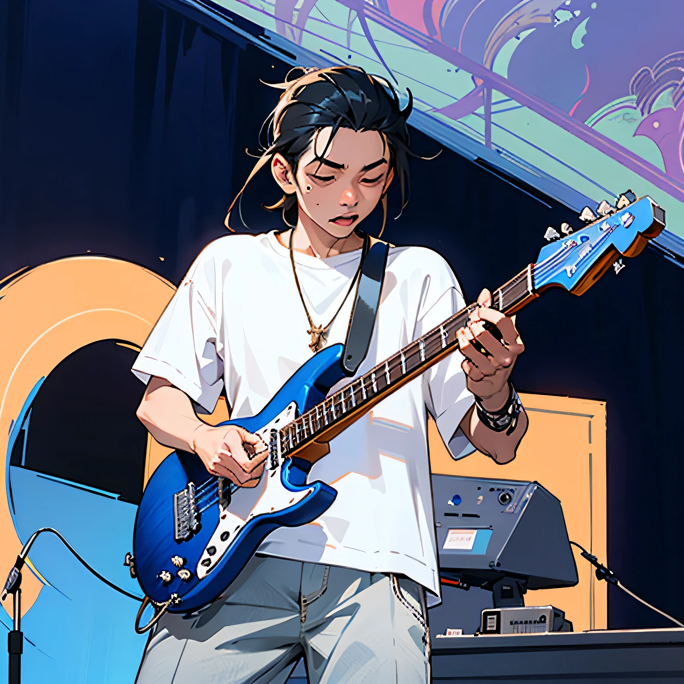 there is a man playing a guitar on stage with a band, playing guitar onstage, guitar solo, performing on stage, live performance, rocking out, ramil sunga, guitarist, he is a rockstar, style of ade santora, random artist, badass composition, bassist, inspired by I Ketut Soki, shot with iphone 1 0, smooth in _ the background