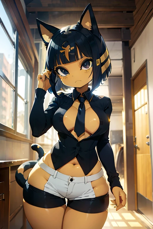 ankha, anime style, catgirl, cat ears, yellow fur, blue hair, blue cat tail, yellow stripes tail, shorts hair, wide hips, thick thighs, huge round ass, medium breast, business suit, formal suit, white shirt, long sleeve black formal suit, black necktie, black strict trouser, secretary pose, office, absurdres, high res, ultrasharp, 8K, masterpiece, looking at viewer, more free space on top 1/3 of page