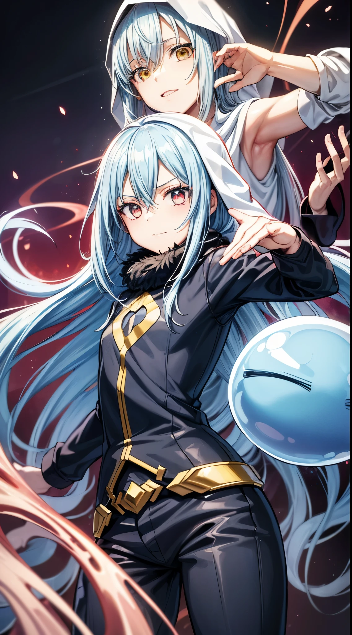 (um personagem adulto de anime tensei shitara slime) Rimuru Tempest, com olhos proeminentes e penetrantes de um (((vermelho escarlate))), who exude an aura of cold determination and a sharp intelligence, (the hair is heavenly light blue), fluindo e suave, framing a face with delicate features and a neutral mouth, no trace of smile, sorriso frio, olhar frio, reflecting an unshakable personality and indomitable spirit, The white hood that covers the character&#39;s head adds a touch of mystery and nobility. , complementing its enigmatic and powerful presence, personagem completo, na floresta, pele branca