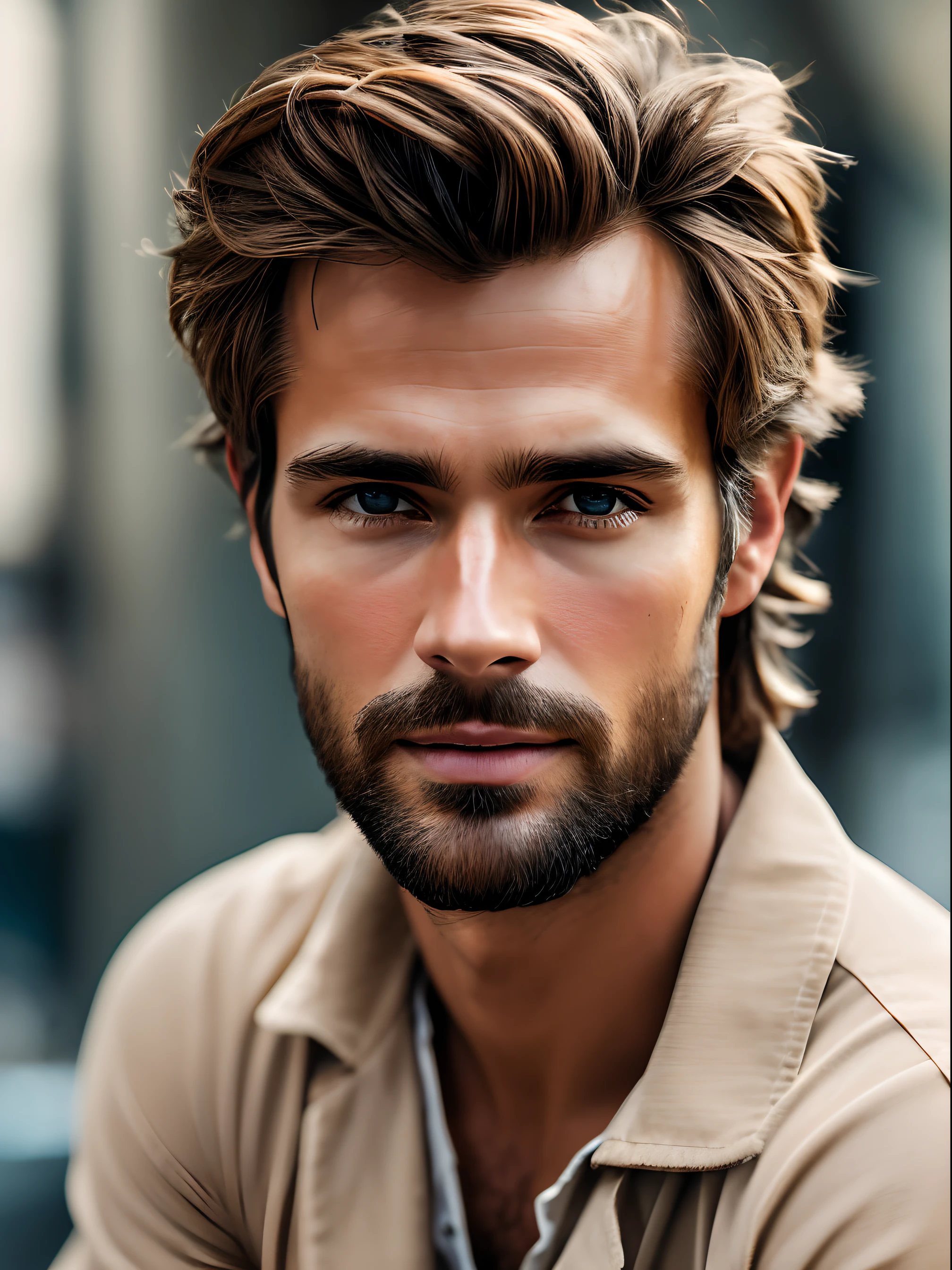 Photorealistic of an insanely handsome man with messy light brown hair, olhos de mel, No estilo da Panasonic Lumix S Pro 50mm F/1.4, bege claro e azul escuro, mashups de imagens de celebridades, realismo suave, Barbiecore, Motor Unreal 5, UHD 32k, qualidade luminosa, Realismo brasileiro, Niji 5
