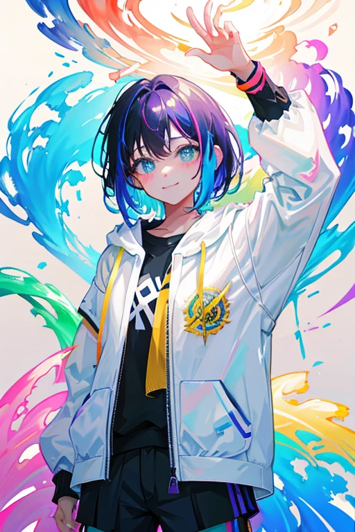 rainbowペイント、完全にrainbowペイントで作られた女の子、short-hair、A slight smil、entirely paint、1girl、すべてのrainbowペイント、HDR、(intricate-detail、ultra-detailliert:1.12)、gorgeous lighting、rainbow、Paint Splatter、Splash、非常にrainbow、highly colorful、neons、paint drops、rainbowペイントの背景、colorful backdrop