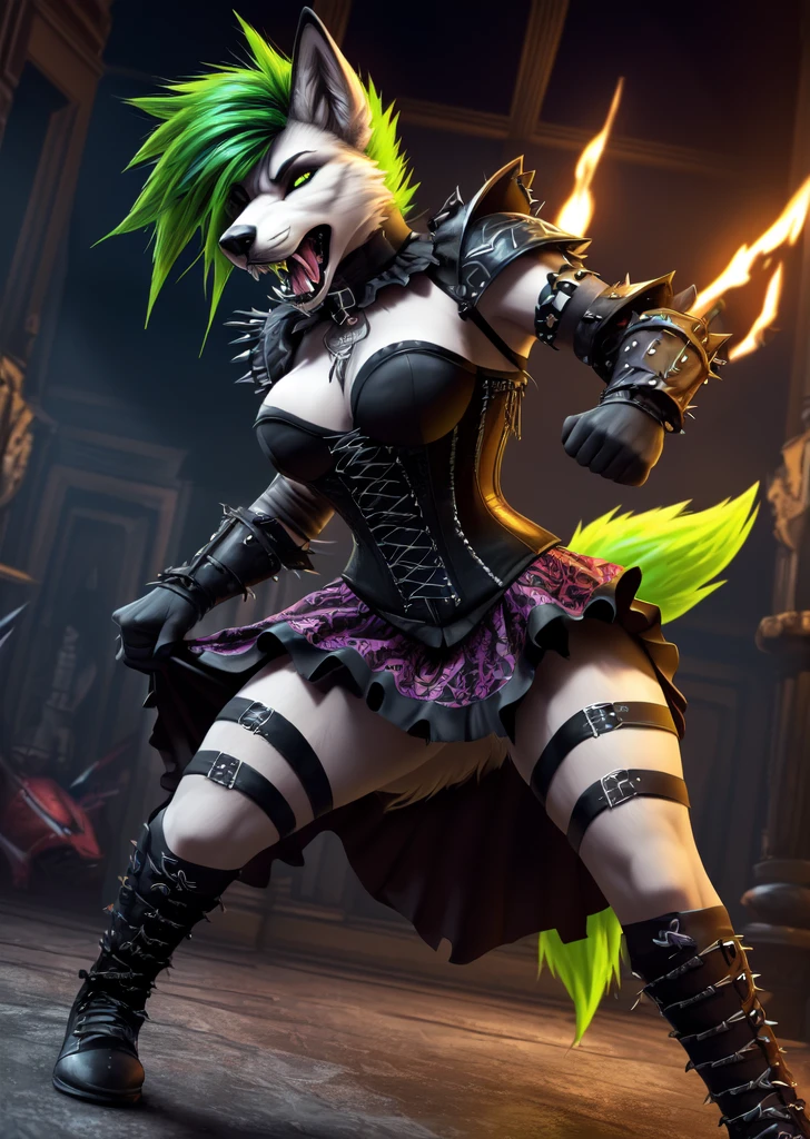 ((best quality, masterpiece, 4k, 8k, high res)), ((Solo)), ((vicious, extremely violent, attacking, fighting)), ((furry; Anthro Wolf)), moist, green hair, attacking, ferocious, fangs, full body, female werewolf, sexy, vibrant colors, (edgy punk hairstyle), knight armor, well-toned abs, Victorian dress, goth corset