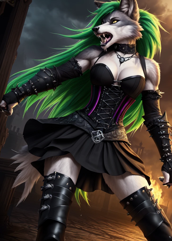 ((best quality, masterpiece, 4k, 8k, high res)), ((Solo)), ((vicious, extremely violent, attacking, fighting)), ((furry; Anthro Wolf)), moist, green hair, attacking, ferocious, fangs, full body, female werewolf, sexy, vibrant colors, (edgy punk hairstyle), knight armor, well-toned abs, Victorian dress, goth corset