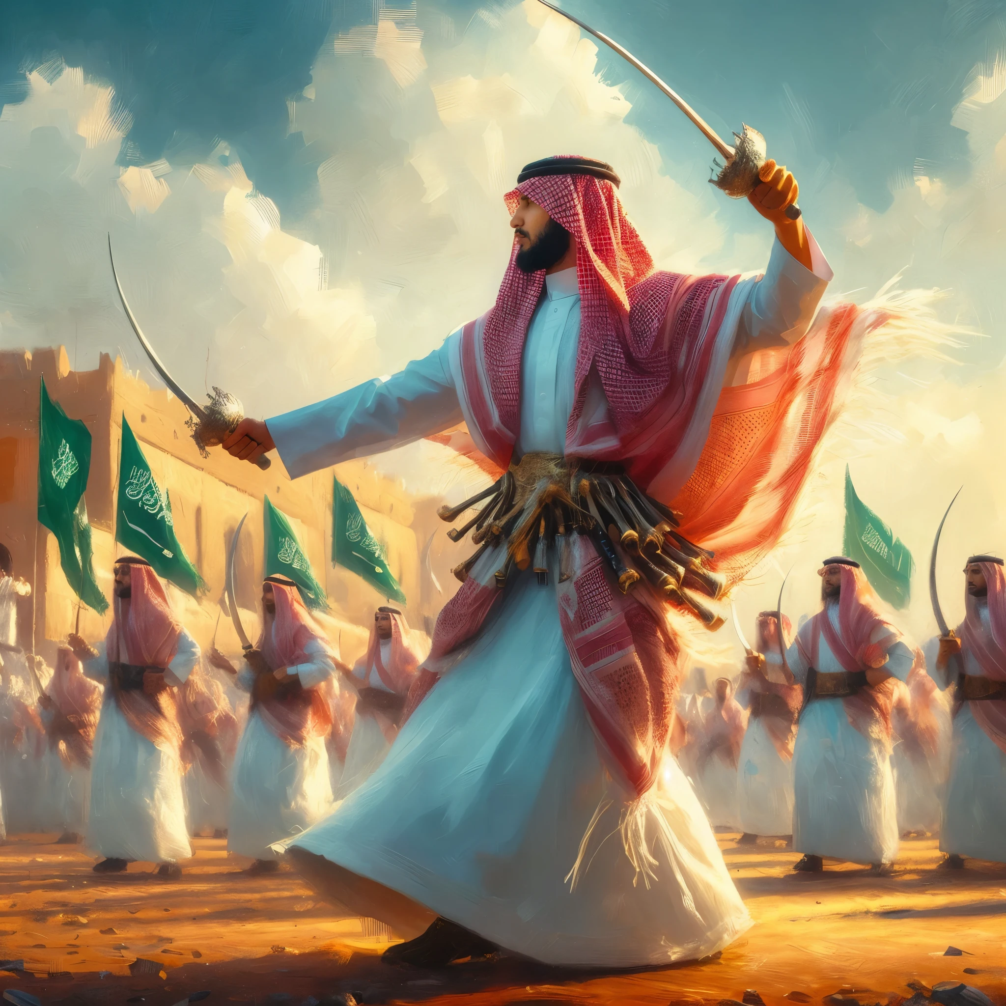 1man, solo, photography, portrait of arabarmor man with group of army in dune, beard, shield, sword, realistic, detailed, severed hands, holding black flag
