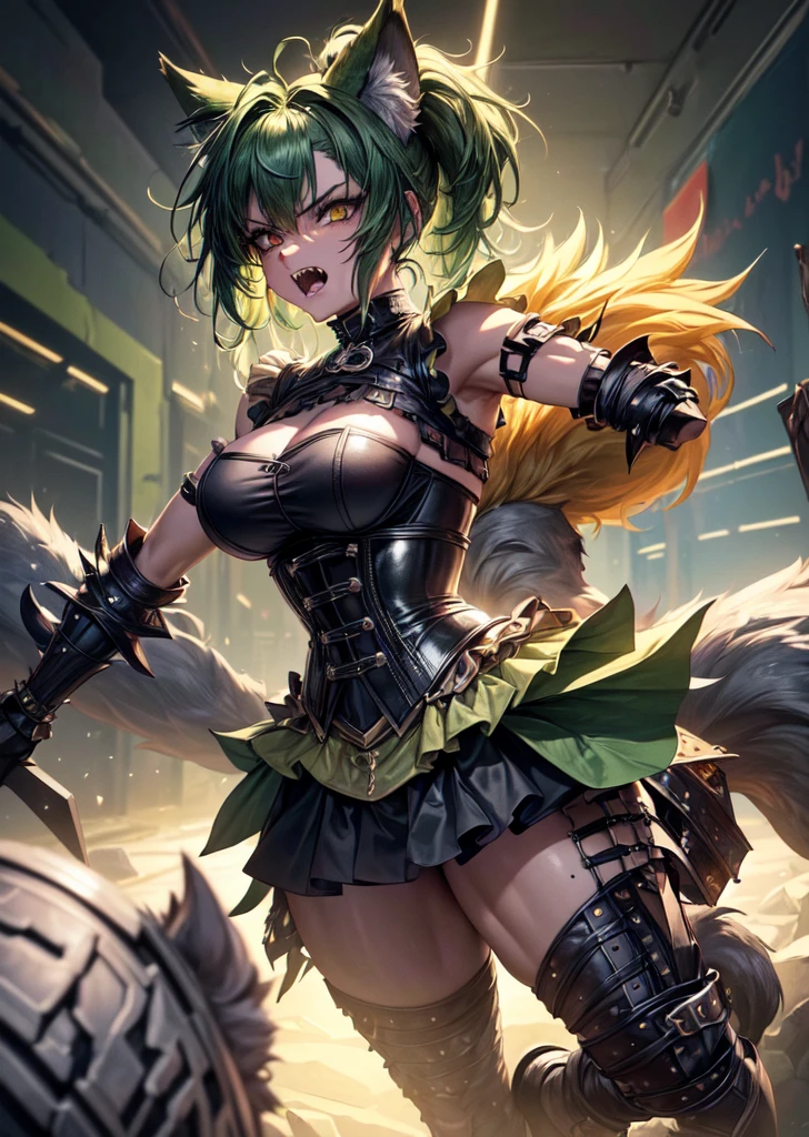 ((best quality, masterpiece, 4k, 8k, high res)), ((Solo)), ((vicious, extremely violent, attacking, fighting)), ((furry; Anthro Wolf)), moist, green hair, attacking, ferocious, fangs, full body, female werewolf, sexy, vibrant colors, (edgy punk hairstyle), knight armor, well-toned abs, Victorian dress, goth corset