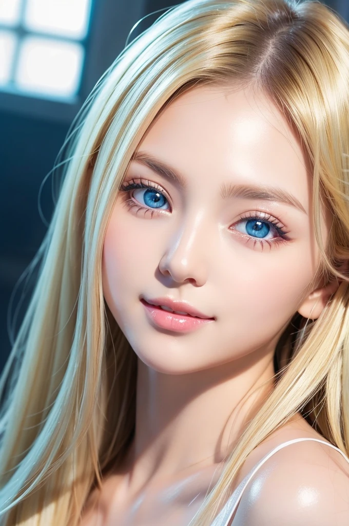 Beautiful silky skin、Smile in the middle、matchless beauty、exceptional sexy beauty、Beautiful calm and bright expression、super long blonde silky hair、Sexy refreshing appearance、Perfect beautiful cute face with shiny bright glossy blonde silky hair、beautiful face blonde、Very cute beautiful sexy young little woman、Very perfect beautiful cute face、Beautiful cute big clear bright light blue eyes、Very beautiful bright light blue big eyes、very big eyes、Very bright white young beautiful skin、Gloss Face、Teak Gloss、cheek highlights