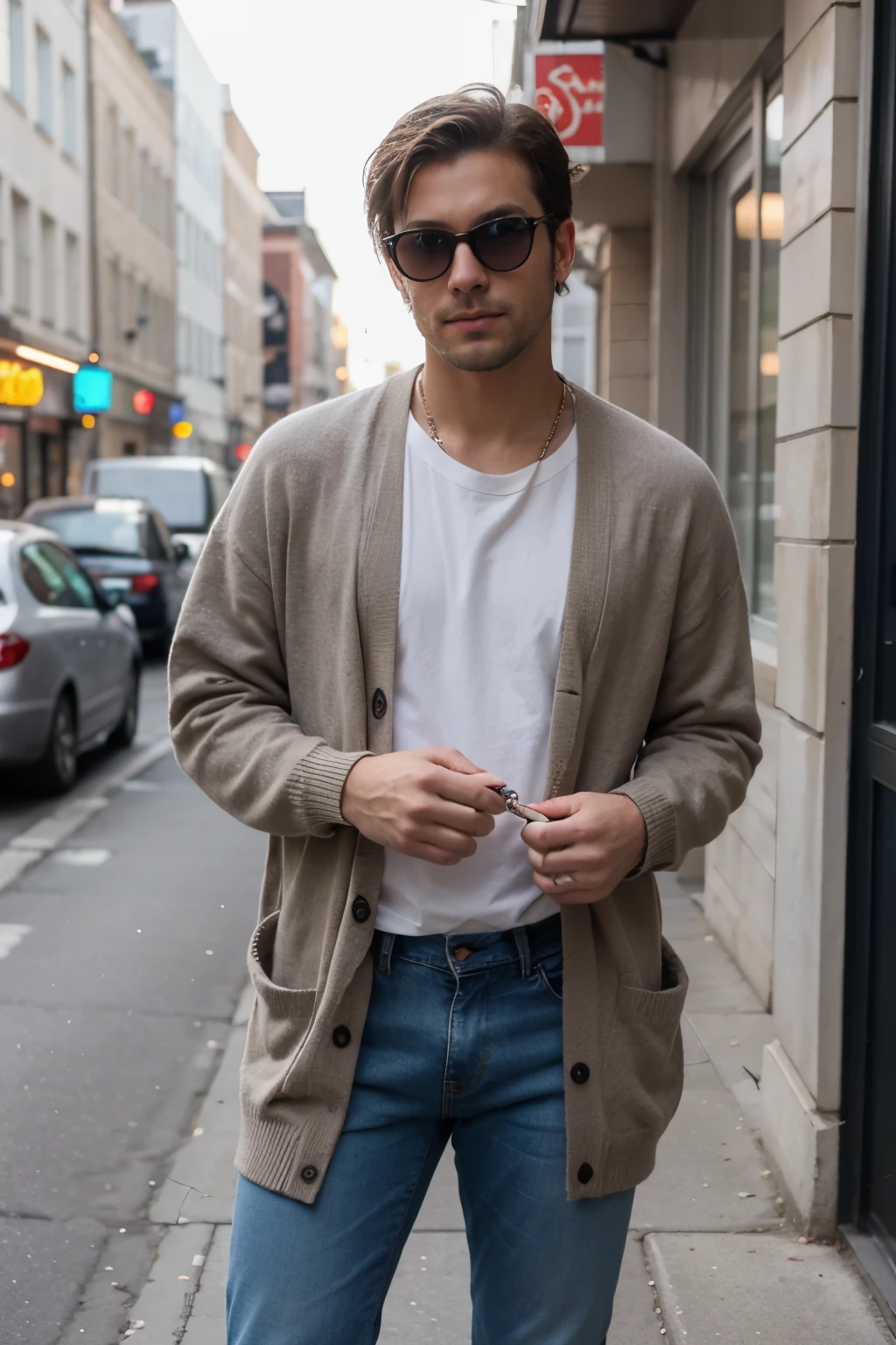 The man is dressed in a cardigan and jeans, creating a casual yet fashionable look at the city