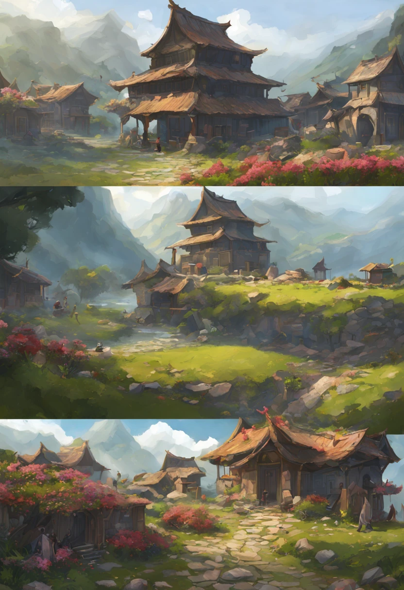 ancient mountain village town concept art masterpiece grass garden stone dirt flowers people