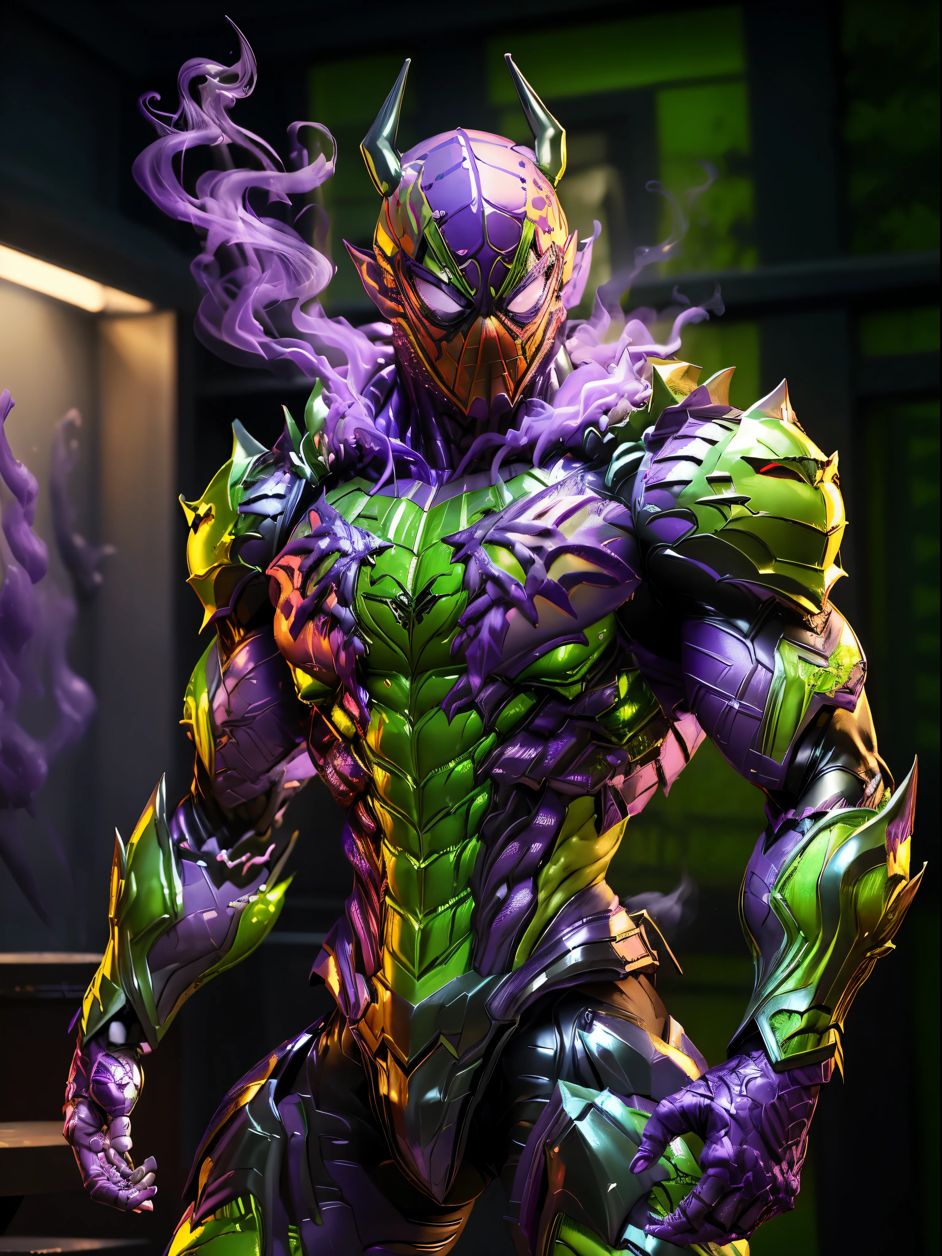 Spiderman, (green, purple:1.5), DRAGON HEAD, HEAVY CRYSTAL ARMOR, TRANSPARANT, MUSCLE BODY, MUSCLE ABS, colourful smoke