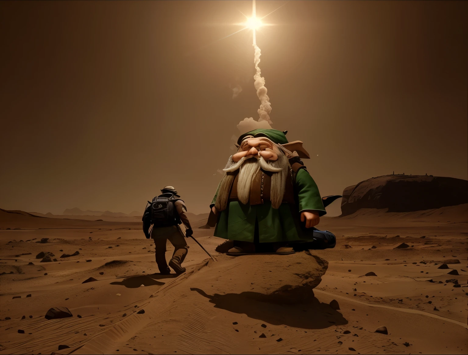 in the desert a man and a gnome against the backdrop of a mountain, Alexander Jansson's style, beeple and jean giraud, Alexander Jansson, Ross Tran and Michael Whelan, Epic sci-fi movie, an Epic sci-fi movie, Роджер Дин и Alexander Jansson, inspired Alexander Jansson, based on Michal Karz