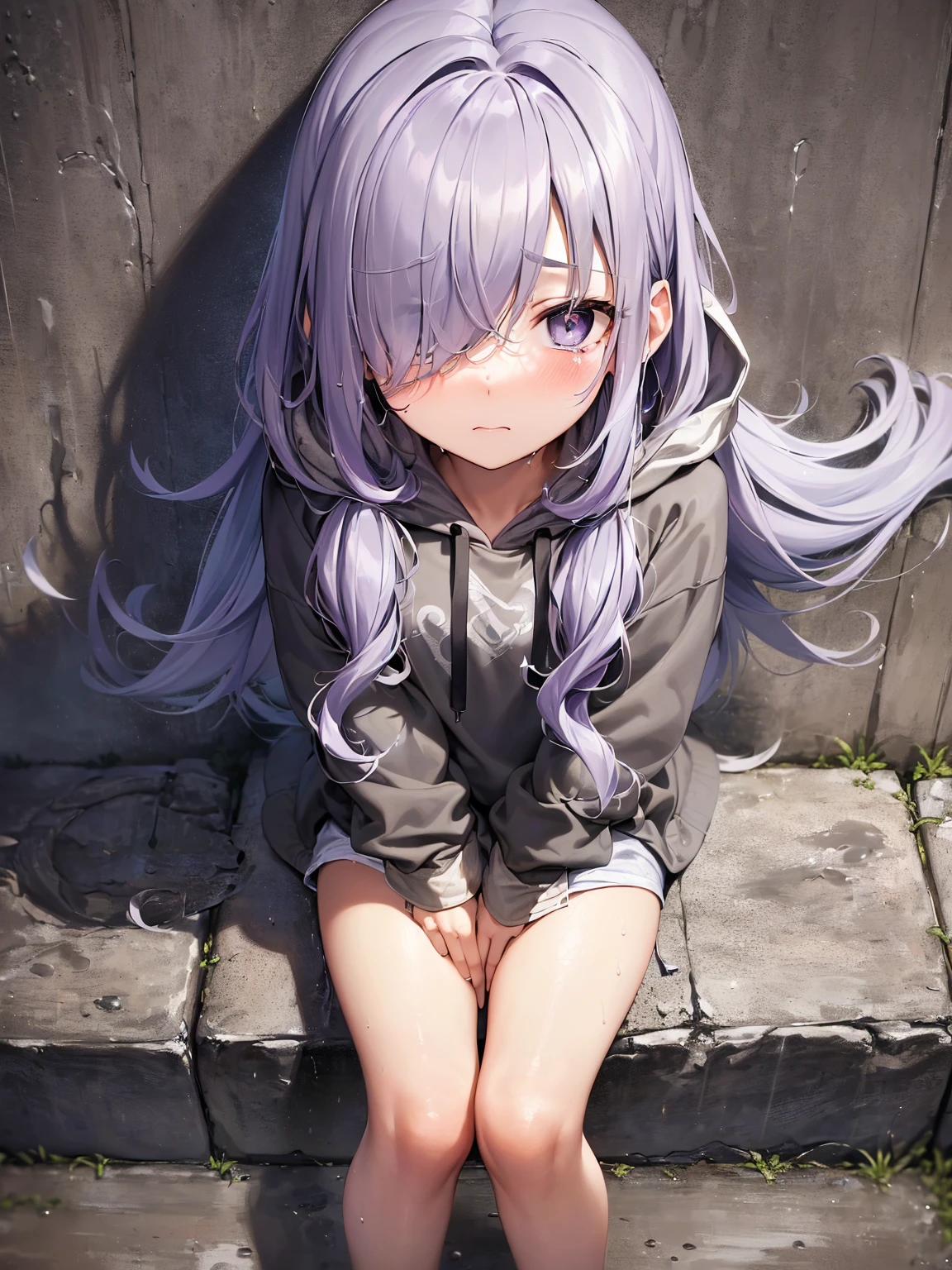 high resolution, (masterpiece), 4k, portrait, ((from above)), ((1girl)), ((detailed lavender messy hair)), ((hair over one eye)), ((grey eyes)), (child), sad, (crying), (wearing dark grey dirty hoodie), ((hood over head)), (wet clothes), seated, (back against wall), ((hugging own knees)), street alley, japanese small town, (heavy rain), night time, rainclouds