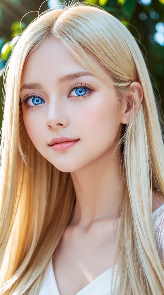 Beautiful silky skin、Smile in the middle、matchless beauty、exceptional sexy beauty、Beautiful calm and bright expression、super long blonde silky hair、long blonde hair that falls in the center of the face、Sexy refreshing appearance、Perfect beautiful cute face with shiny bright glossy blonde silky hair、beautiful face blonde、Very cute beautiful sexy young little woman、Very perfect beautiful cute face、Beautiful cute big clear bright light blue eyes、Very beautiful bright light blue big eyes、very big eyes、Very bright white young beautiful skin、Gloss Face、Teak Gloss、cheek highlights