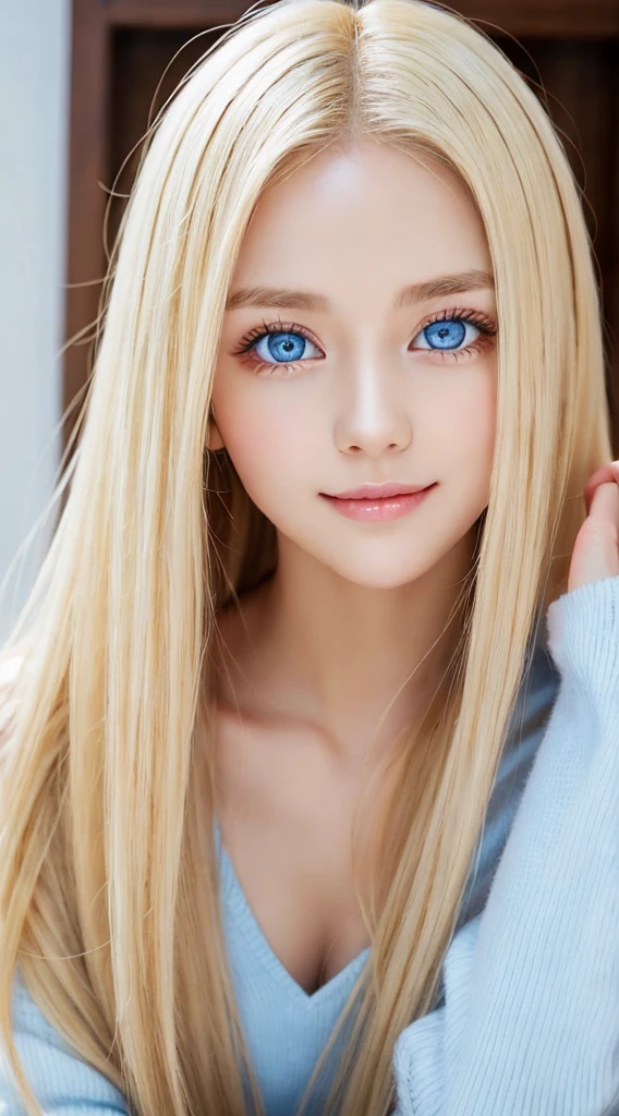 Beautiful silky skin、Smile in the middle、matchless beauty、exceptional sexy beauty、Beautiful calm and bright expression、super long blonde silky hair、long blonde hair that falls in the center of the face、Sexy refreshing appearance、Perfect beautiful cute face with shiny bright glossy blonde silky hair、beautiful face blonde、Very cute beautiful sexy young little woman、Very perfect beautiful cute face、Beautiful cute big clear bright light blue eyes、Very beautiful bright light blue big eyes、very big eyes、Very bright white young beautiful skin、Gloss Face、Teak Gloss、cheek highlights