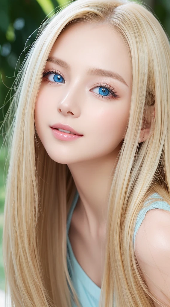 Beautiful silky skin、Smile in the middle、matchless beauty、exceptional sexy beauty、Beautiful calm and bright expression、super long blonde silky hair、long blonde hair that falls in the center of the face、Sexy refreshing appearance、Perfect beautiful cute face with shiny bright glossy blonde silky hair、beautiful face blonde、Very cute beautiful sexy young little woman、Very perfect beautiful cute face、Beautiful cute big clear bright light blue eyes、Very beautiful bright light blue big eyes、very big eyes、Very bright white young beautiful skin、Gloss Face、Teak Gloss、cheek highlights