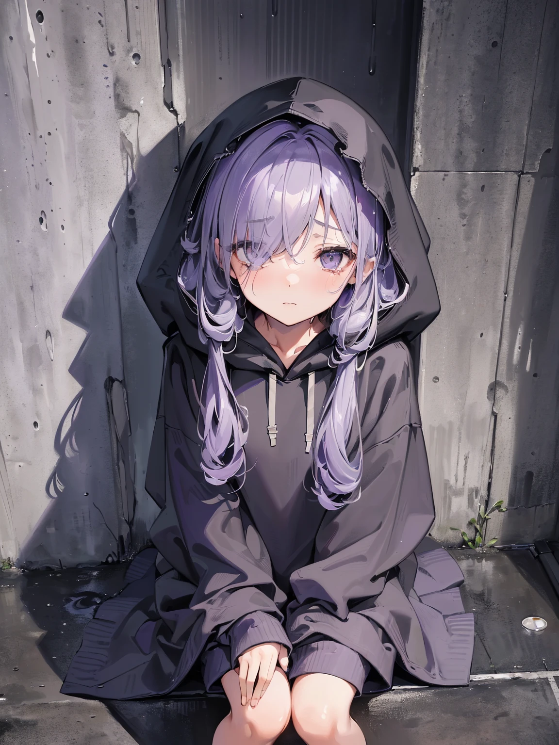 high resolution, (masterpiece), 4k, portrait, ((from above)), ((1girl)), ((detailed lavender messy hair)), ((hair over one eye)), ((grey eyes)), (child), sad, (crying), (wearing dark grey dirty hoodie), ((hood over head)), (wet clothes), seated, (back against wall), ((hugging own knees)), street alley, japanese small town, (heavy rain), night time, rainclouds