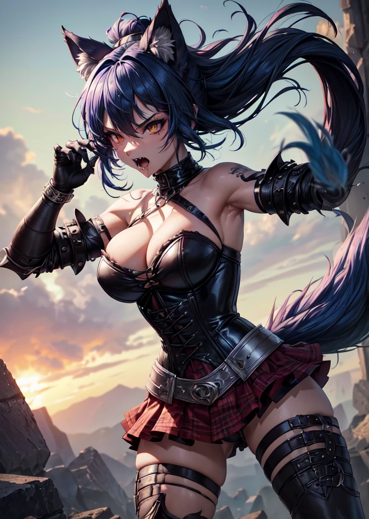 ((best quality, masterpiece, 4k, 8k, high res)), ((Solo)), ((vicious, extremely violent, attacking, fighting)), ((furry; Anthro Wolf)), moist, blue hair, attacking, ferocious, fangs, full body, female werewolf, sexy, vibrant colors, (edgy punk hairstyle), knight armor, well-toned abs, Victorian dress, goth corset