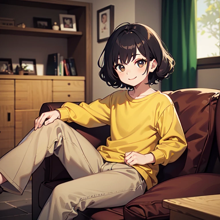 masterpiece, best quality, 1boy, solo, curly hair, very short hair, dark hair, dark eyes, yellow shirt, long sleeves, beige pants, living room, looking at viewer, smile