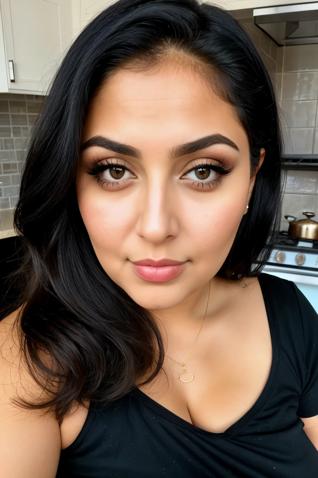 arab woman, curvy, blue eyes, black hair and big eyes, middle aged woman, natural makeup, Looking directly at camera, Face with Artgram, fine makeup, in the kitchen, chubby, plump, unique face