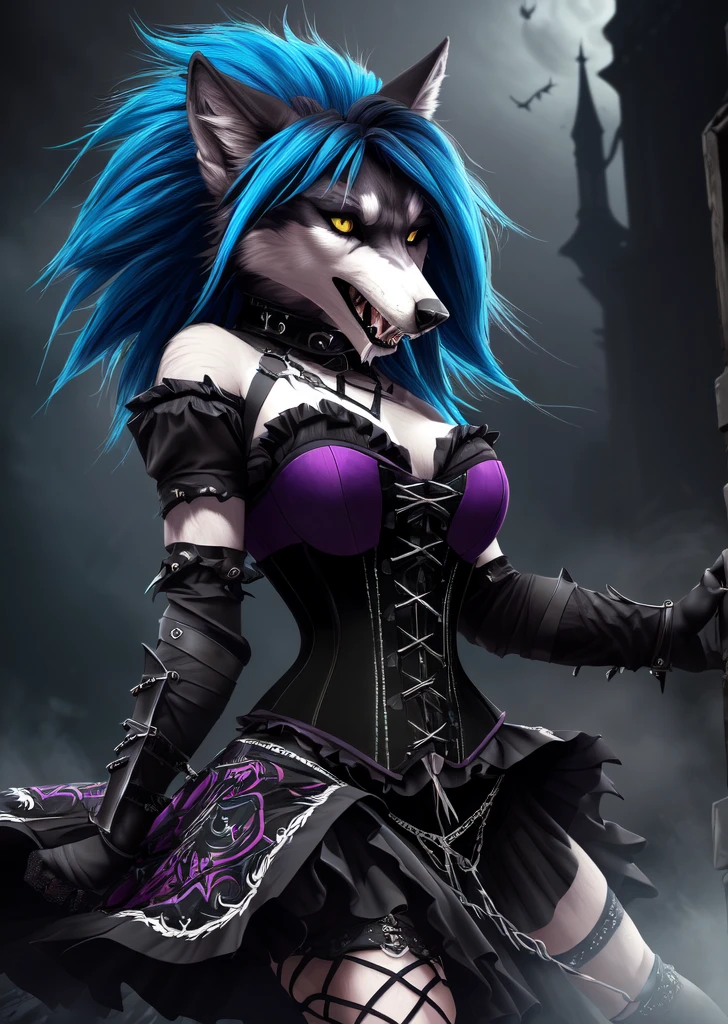 ((best quality, masterpiece, 4k, 8k, high res)), ((Solo)), ((vicious, extremely violent, attacking, fighting)), ((furry; Anthro Wolf)), moist, blue hair, attacking, ferocious, fangs, full body, female werewolf, sexy, vibrant colors, (edgy punk hairstyle), knight armor, well-toned abs, Victorian dress, goth corset