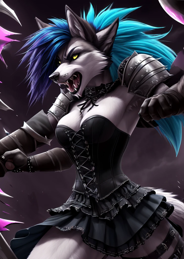 ((best quality, masterpiece, 4k, 8k, high res)), ((Solo)), ((vicious, extremely violent, attacking, fighting)), ((furry; Anthro Wolf)), moist, blue hair, attacking, ferocious, fangs, full body, female werewolf, sexy, vibrant colors, (edgy punk hairstyle), knight armor, well-toned abs, Victorian dress, goth corset