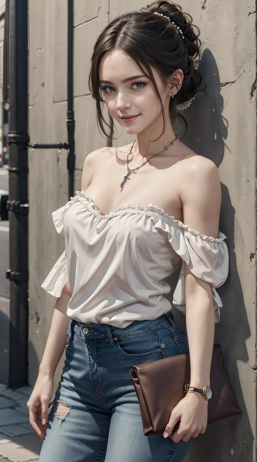 26 year old white woman、Hair is brunette、Eye color is blue、Longhaire、Slender but well-proportioned muscular body、She is wearing a frilly one-shoulder top.、wearing skinny jeans、wearing a rosary necklace、accessories on the wrist、setting hair、a smile、I have a clutch bag、I am in front of a wall with wall art written on it.、I'm so excited、I'm pulling my hair up、