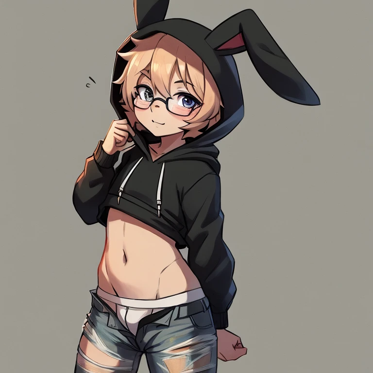 Bunny boy wearing glasses torn pants briefs hoodie