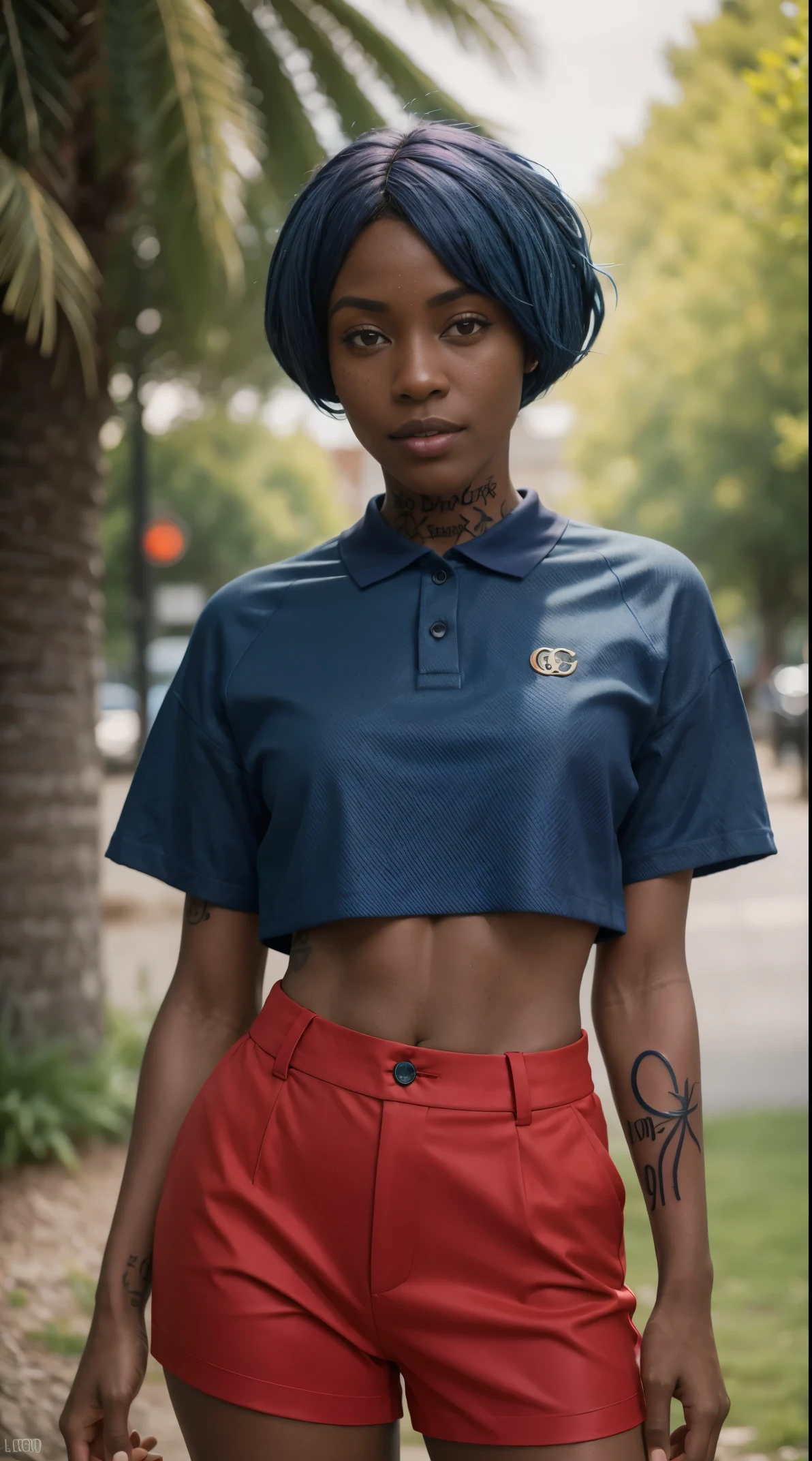 50 years old, gorgeous cute  Nigerian girl, smirk, freckles, polaroid photo, (dark skin:1.4), (medium blue hair:1.6), leogirl, araffe woman leaning against a tree in a black and red top, gucci clothes, wearing a cute top, black and red only, wearing a sexy cropped top, top, in a dark green polo shirt, croptop, by Emma Andijewska, wearing polo shirt, crop top, wearing a designer top, red green, green and red, fancy top, cowboy shot, famous beautiful model, good young girl, (masterpiece:1.0),(best_quality:1.0), ultra high res,4K,ultra-detailed, photography, 8K, HDR, highres, absurdres:1.2, Kodak portra 400, blurry background, bokeh, lens flare, (vibrant_color:1.2),professional photograph, (the_tattoo:1.4), (beautiful_face:1.5),(narrow_waist). --v 6