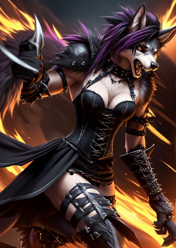 ((best quality, masterpiece, 4k, 8k, high res)), ((Solo)), ((vicious, extremely violent, attacking, fighting)), ((furry; Anthro Wolf)), moist, brunette, attacking, ferocious, fangs, full body, female werewolf, sexy, vibrant colors, (edgy punk hairstyle), knight armor, well-toned abs, Victorian dress, goth corset