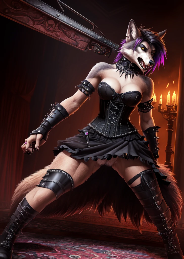 ((best quality, masterpiece, 4k, 8k, high res)), ((Solo)), ((vicious, extremely violent, attacking, fighting)), ((furry; Anthro Wolf)), moist, brunette, attacking, ferocious, fangs, full body, female werewolf, sexy, vibrant colors, (edgy punk hairstyle), knight armor, well-toned abs, Victorian dress, goth corset