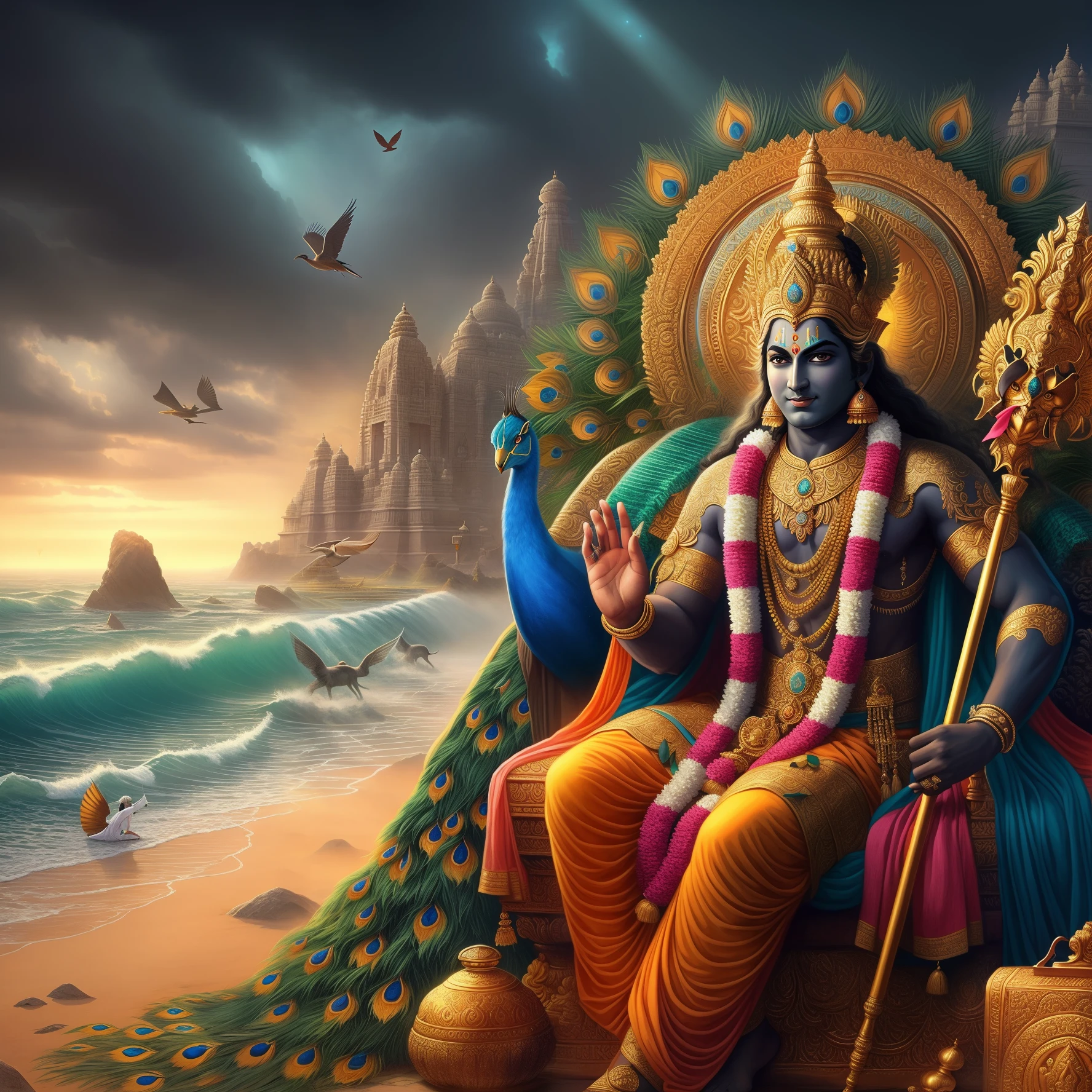 a painting of a man, der mit einem Pfau auf einem Thron sitzt, Vishnu, Indischer Gott, Hinduistischer Gott, hd hintergrundbild, Hochdetaillierte digitale 4K-Kunst, Hinduistischer Gotts, Der Gott des Meeres, Gott der Natur, Hinduistische Kunst, von Ramayan, Hinduismus, Lord Shiva the Destroyer, beautiful rays of the gods, Erstaunliche Tapete, beautiful digital artwork