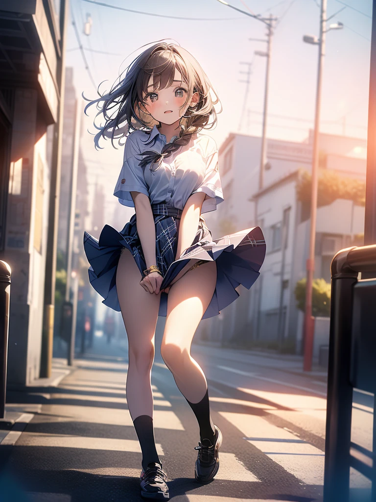 in 8K、top-quality、masterpiece、ultra-detailliert、Ultra-high resolution、((1 persons))、girl with、校服、Braided hair、makeups、plaid skirts、heavy wind、((((Flip the skirt))))、(((panties on)))、View of the city