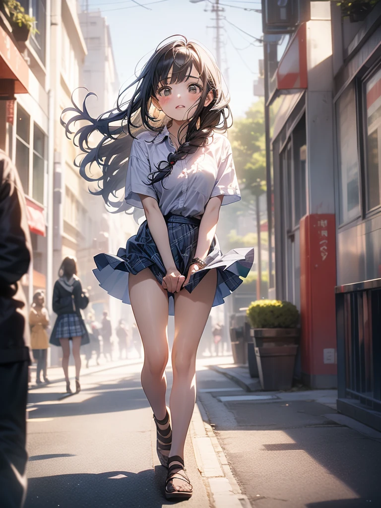 in 8K、top-quality、​masterpiece、ultra-detailliert、Ultra-high resolution、((1 persons))、girl with、校服、Braided hair、makeups、plaid skirts、heavy wind、((((Flip the skirt))))、(((panties on)))、View of the city