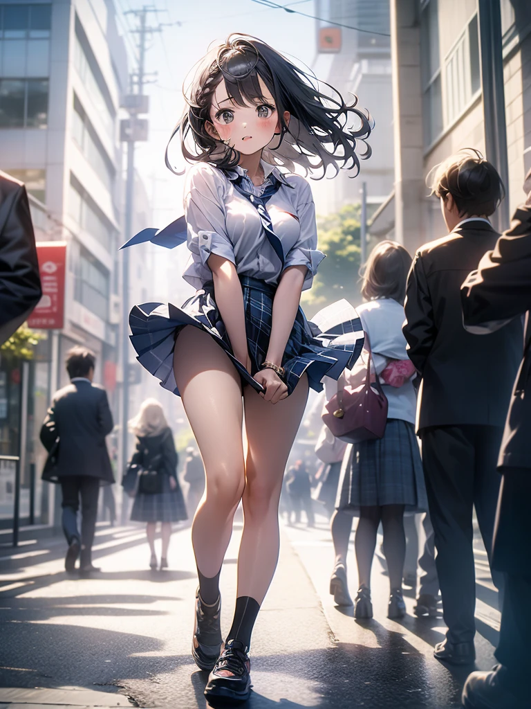 in 8K、top-quality、​masterpiece、ultra-detailliert、Ultra-high resolution、((1 persons))、girl with、校服、Braided hair、makeups、plaid skirts、heavy wind、((((Flip the skirt))))、Street