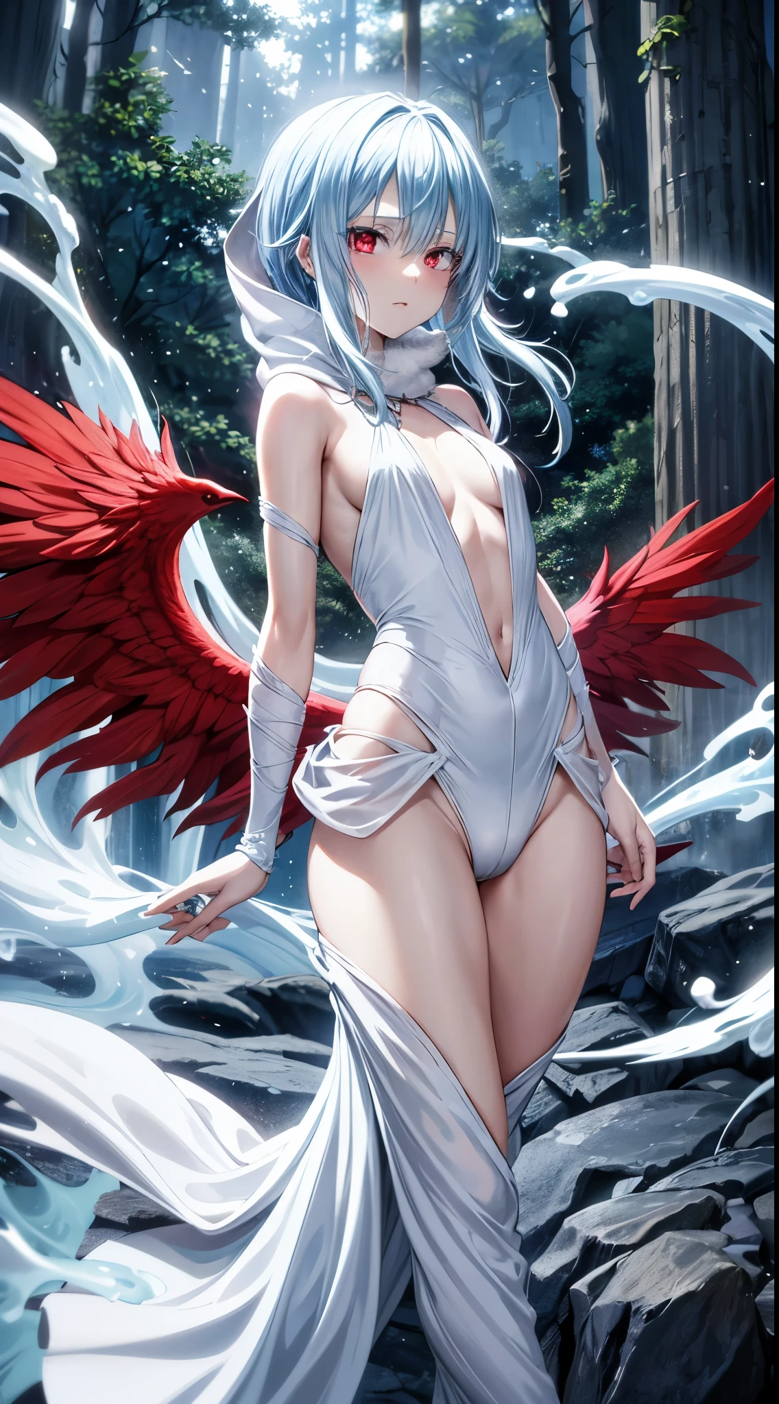 (an adult tensei shitara slime anime character) Rimuru Tempest, with prominent and piercing eyes of a (((scarlet red))), which exude an aura of cold determination and a sharp intelligence, (hair is light heavenly blue), flowing and smooth, neutral beak, cold gaze, reflecting an unshakable personality and an indomitable spirit, The white hood that covers the character's head adds a touch of mystery and nobility, complementing his enigmatic and powerful presence, complete character, {{{ setting in the forest}}}, white skin, highly detailed scenery,