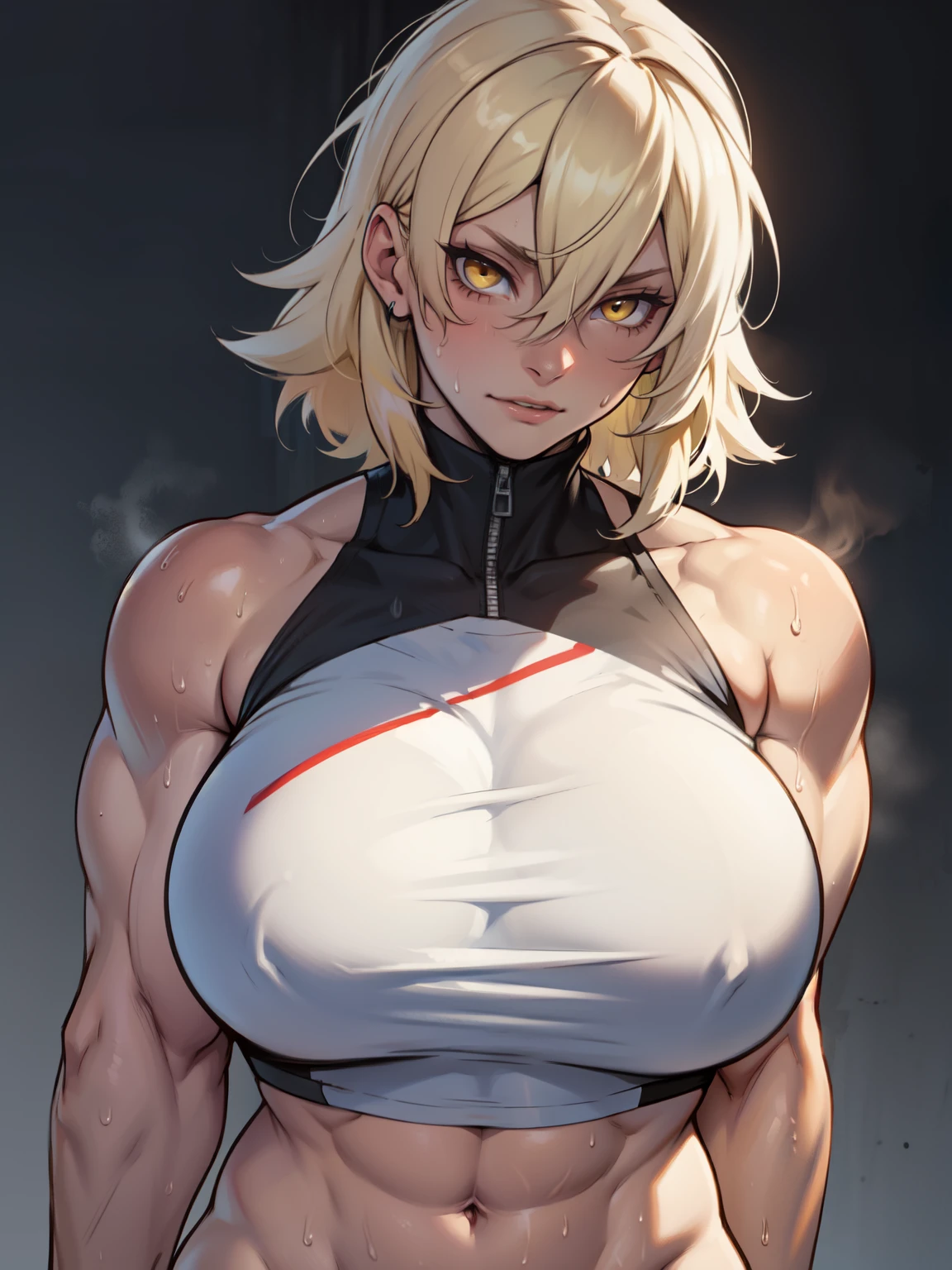 muscular girl toned body massive breasts yellow eyes hair between eyes pale skin sweaty