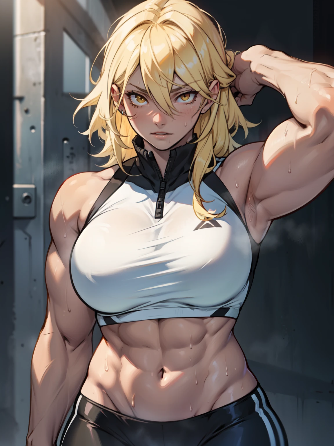 muscular girl toned body massive breasts yellow eyes hair between eyes pale skin sweaty