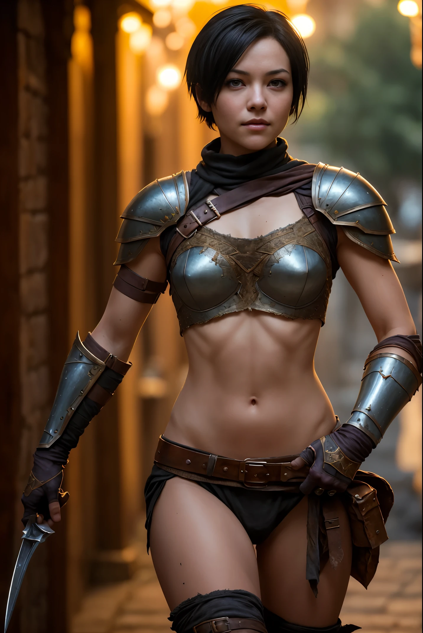 A beautiful female rogue, short black hair, D&D aesthetic, skimpy armour, high detail face, high detail skin, 8, HDR, high resolution, photo-realistic, cinematic lighting, depth of field, bokeh, rim lighting, backlit, cool colours, night