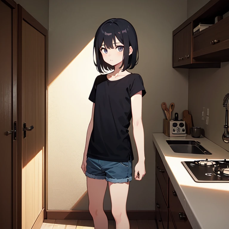 masterpiece, best quality, 1boy, solo, child, straight hair, dark hair, dark eyes, black t-shirt, shorts, denim, standing, arms at sides, looking at viewer, confused, kitchen
