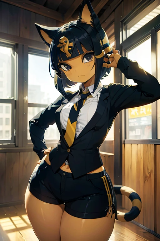 ankha, anime style, catgirl, cat ears, yellow fur, blue hair, blue cat tail, yellow stripes tail, shorts hair, wide hips, thick thighs, huge round ass, medium breast, business suit, formal suit, white shirt, long sleeve black formal suit, black necktie, black strict trouser, secretary pose, office, absurdres, high res, ultrasharp, 8K, masterpiece, looking at viewer