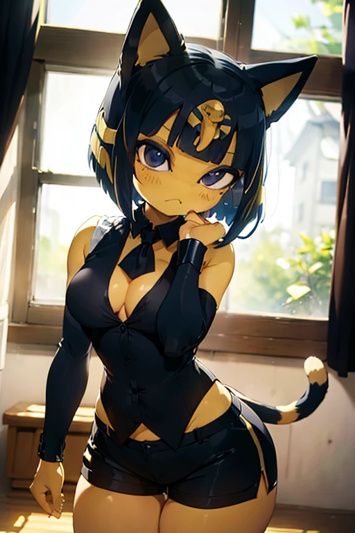 ankha, anime style, catgirl, cat ears, yellow fur, blue hair, blue cat tail, yellow stripes tail, shorts hair, wide hips, thick thighs, huge round ass, medium breast, business suit, formal suit, white shirt, long sleeve black formal suit, black necktie, black strict trouser, secretary pose, office, absurdres, high res, ultrasharp, 8K, masterpiece, looking at viewer