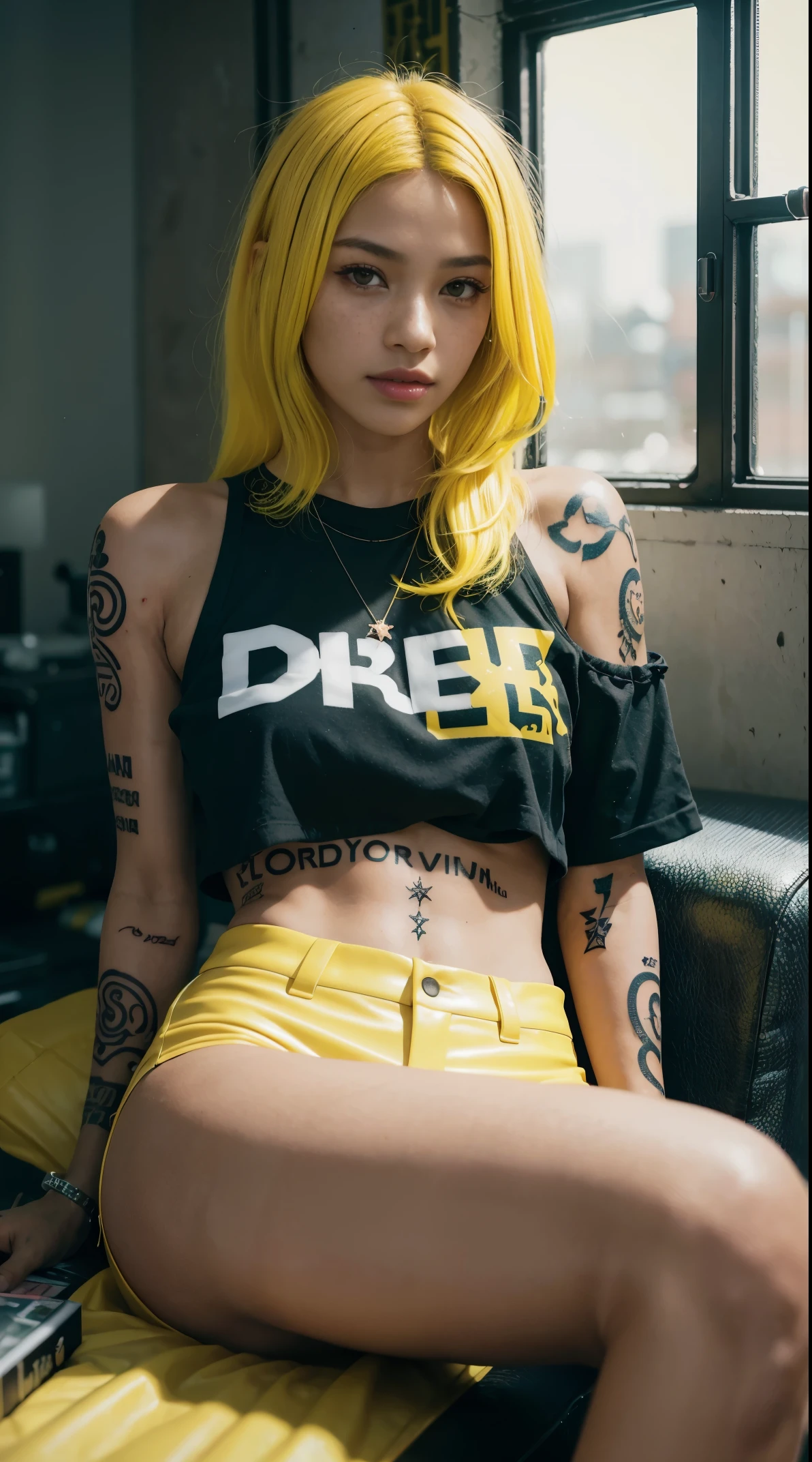 50 years old, gorgeous cute  Brazilian girl, smirk, freckles, polaroid photo, (dark skin:1.4), (medium yellow hair:1.6), araffe woman sitting in a chair with a gun in her hand, sun yunjoo, postapocalyptic vibes, still from a music video, cai xukun, jia, grunge aesthetic, jinyoung shin, sitting on the ground, in a cyberpunk setting, jossi of blackpink, sitting down casually, jisoo from blackpink, muted cyberpunk style, cowboy shot, famous beautiful model, good young girl, (masterpiece:1.0),(best_quality:1.0), ultra high res,4K,ultra-detailed, photography, 8K, HDR, highres, absurdres:1.2, Kodak portra 400, blurry background, bokeh, lens flare, (vibrant_color:1.2),professional photograph, (the_tattoo:1.4), (beautiful_face:1.5),(narrow_waist). --v 6