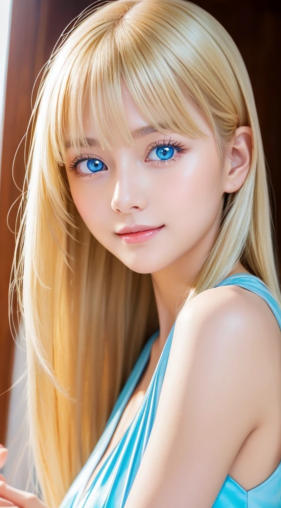 Beautiful silky skin、Smile in the middle、matchless beauty、exceptional sexy beauty、Beautiful calm and bright expression、super long blonde silky hair、long bangs hanging down in the center of the face、Sexy refreshing appearance、Perfect beautiful cute face with shiny bright glossy blonde silky hair、beautiful face blonde、Very cute beautiful sexy young little woman、Very perfect beautiful cute face、Beautiful cute big clear bright light blue eyes、Very beautiful bright light blue big eyes、very big eyes、Very bright white young beautiful skin、Gloss Face、Teak Gloss、cheek highlights